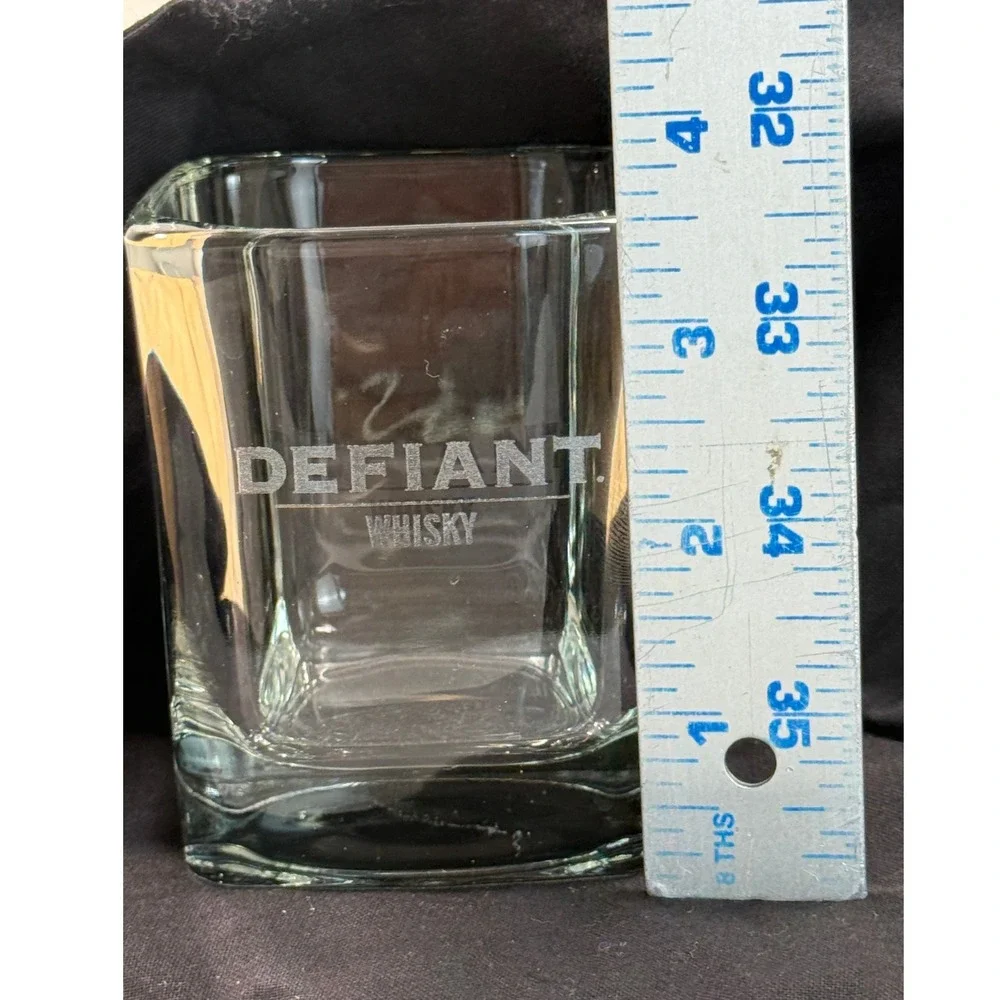 Defiant Whisky Square Rocks Glass Etched Logo Clear Heavy Base Barware 4in